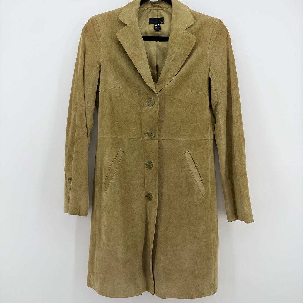 H&M‎ 100% Suede Olive Green Long Coat Jacket Women's US 4 Boho Minimalist